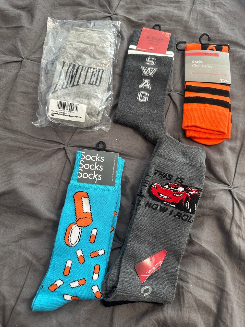 Assorted Men’s Crew Socks - Gray, Orange, Blue - Mixed Brands